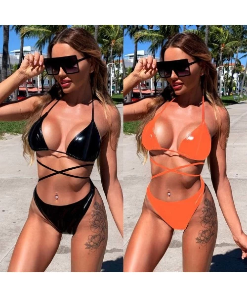 Sets 2020 New Womens Bikini Two Piece Suit Sexy Swimear Thong Bottom Criss Cross Cheeky Low Waisted Swimsuit(S L) A black - C...