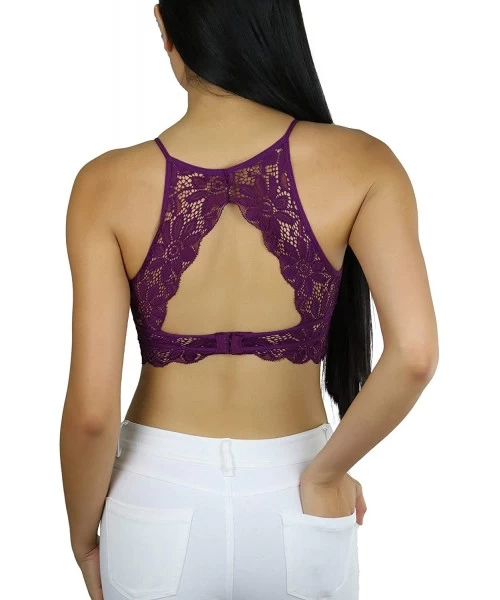 Tops Women's Keyhole High Neck Stretch Lace Bralette with Lined Cups - Dark Plum - CN18U4IRLII