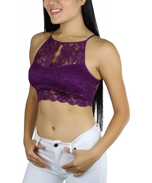 Tops Women's Keyhole High Neck Stretch Lace Bralette with Lined Cups - Dark Plum - CN18U4IRLII