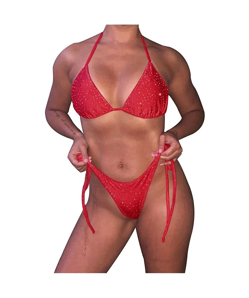 Sets Women Sparkle Glitter Push-up Bra Bandage Bikini Set Triangle Swimwear Bathing Suit Clubwear - Red - C91933E6NWI