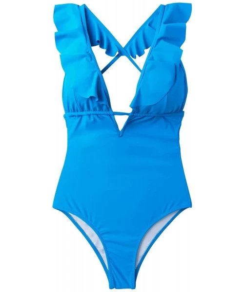 One-Pieces Women's Falbala One Piece Swimsuit Deep V Neck Monokini Swimsuit - Sky Blue - C818R3MTD98