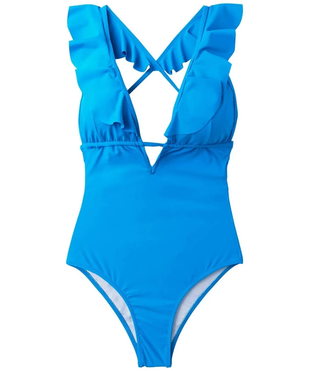 One-Pieces Women's Falbala One Piece Swimsuit Deep V Neck Monokini Swimsuit - Sky Blue - C818R3MTD98