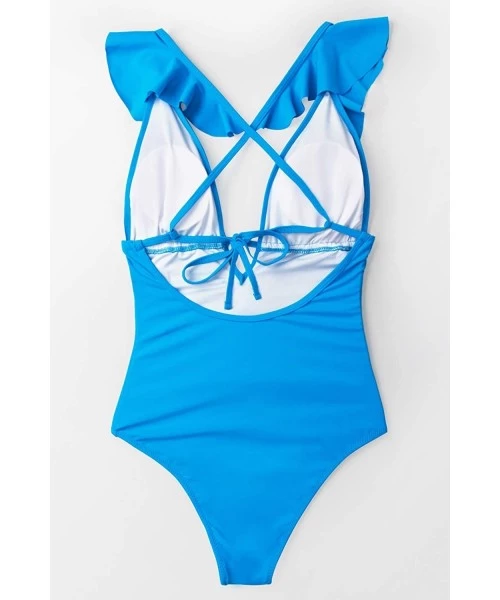 One-Pieces Women's Falbala One Piece Swimsuit Deep V Neck Monokini Swimsuit - Sky Blue - C818R3MTD98