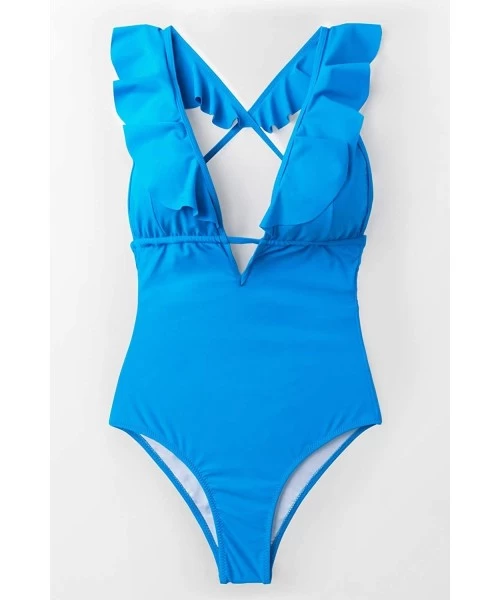 One-Pieces Women's Falbala One Piece Swimsuit Deep V Neck Monokini Swimsuit - Sky Blue - C818R3MTD98