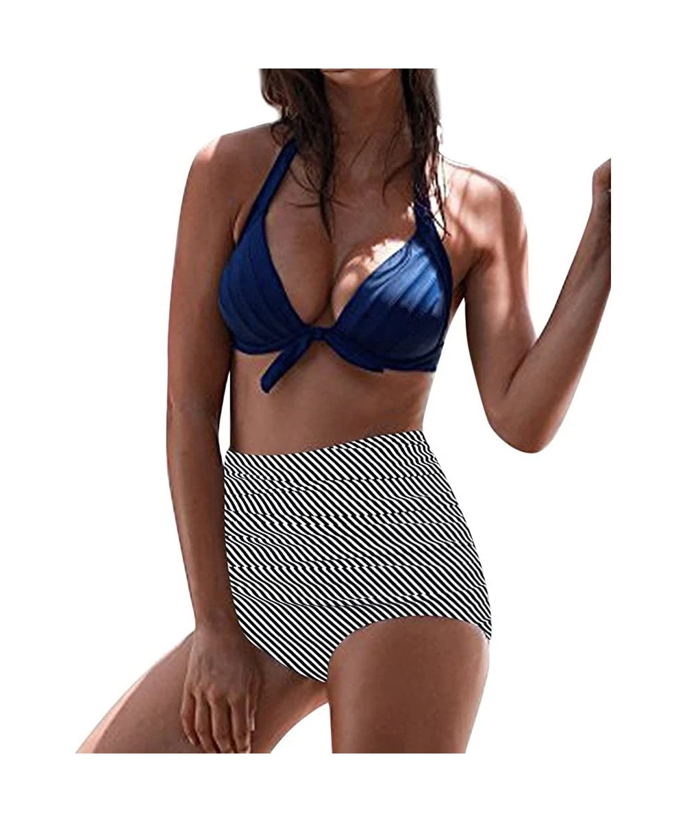 Sets Women High Waist Bikinis Set Swimuit Female Retro Beachewear Fashion 2019 - Blue - CE18SQ9X5R2