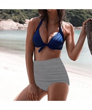 Sets Women High Waist Bikinis Set Swimuit Female Retro Beachewear Fashion 2019 - Blue - CE18SQ9X5R2