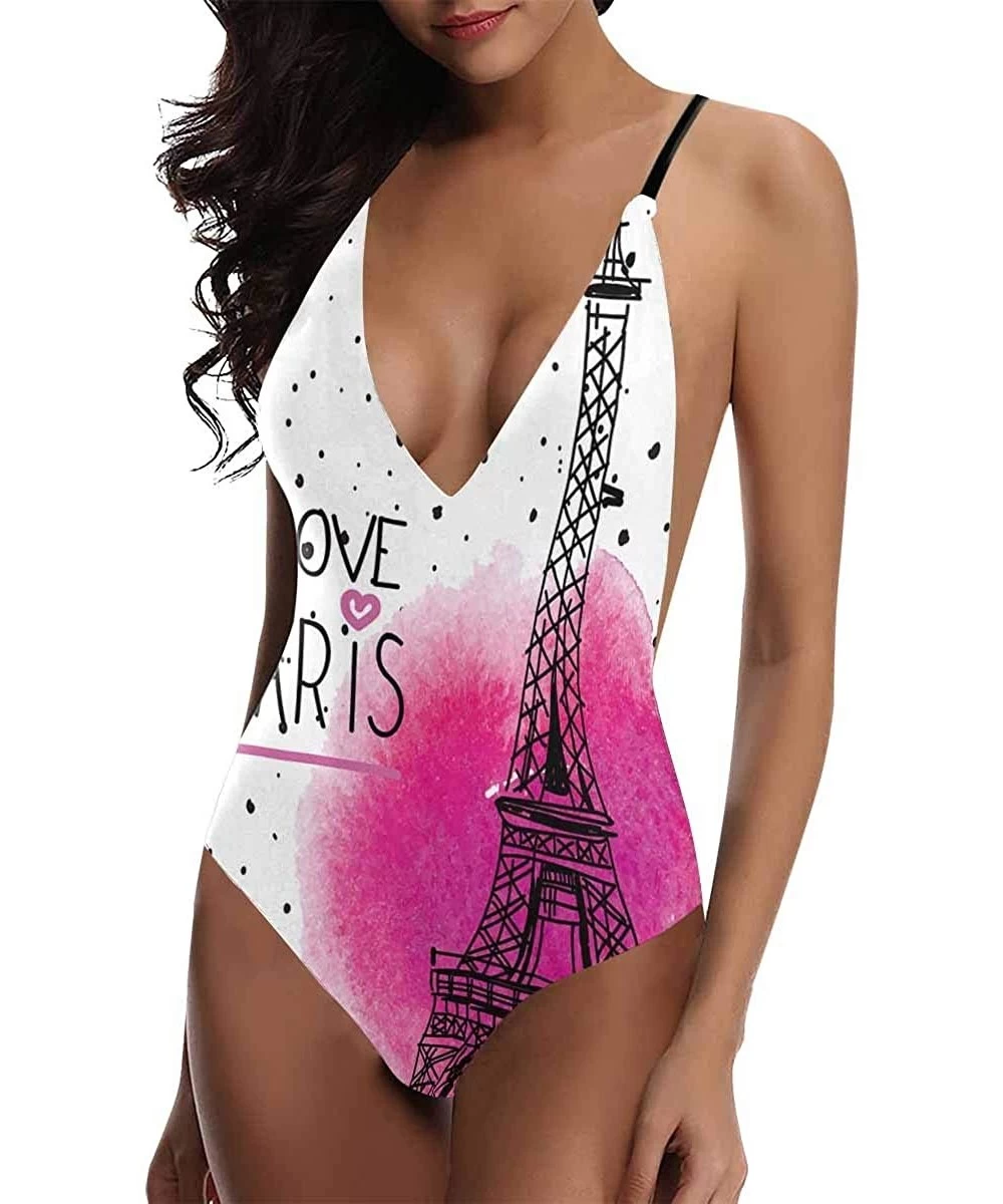 One-Pieces Eiffel Tower in Paris France V-Neck Women Lacing Backless One-Piece Swimsuit Bathing Suit XS-3XL - Design 3 - C118...