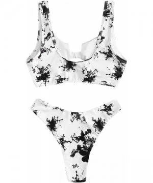 Sets Women's Scoop Neck Tie Dye Crop Top High Waisted Cheeky Bikini Set - Black White - CX19706NSDY