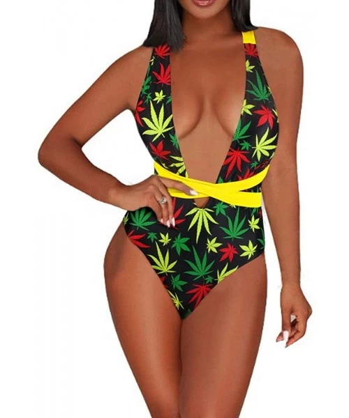 One-Pieces Women's One Piece Caribbean Flag Rasta Body Shaping Monokini Swimsuit Swimwear Bathing Suit - Leaf-4 - CF193Z56RTS