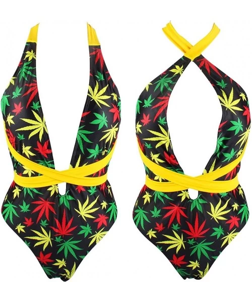 One-Pieces Women's One Piece Caribbean Flag Rasta Body Shaping Monokini Swimsuit Swimwear Bathing Suit - Leaf-4 - CF193Z56RTS