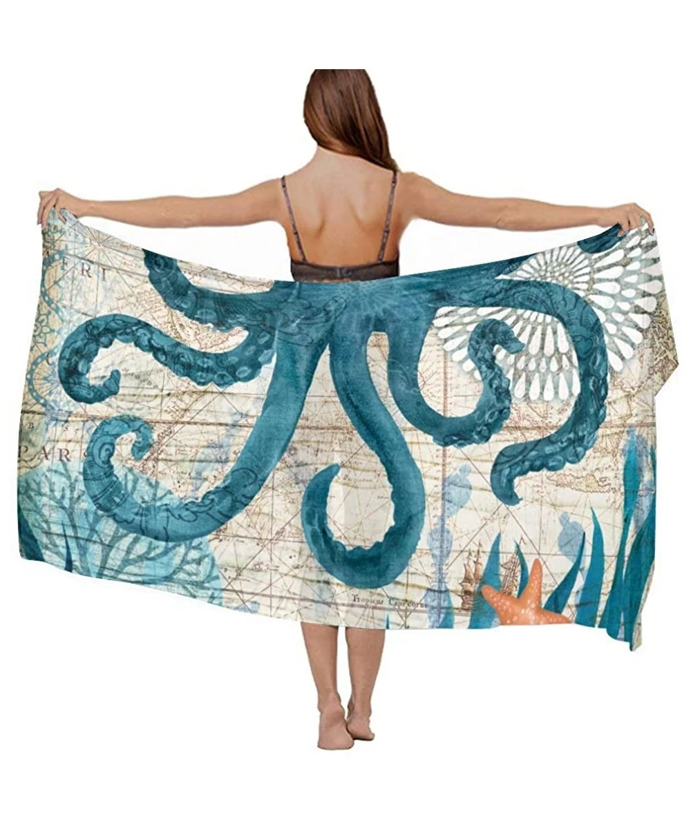 Cover-Ups Women Girl Beach Bikini Cover Up Chiffon Sarong Fashion Scarf Shawl Wrap - Retro Octopus Art - C1190TSSN2C