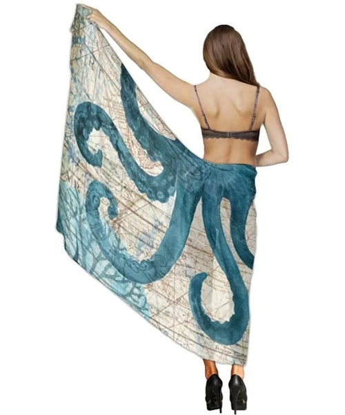 Cover-Ups Women Girl Beach Bikini Cover Up Chiffon Sarong Fashion Scarf Shawl Wrap - Retro Octopus Art - C1190TSSN2C