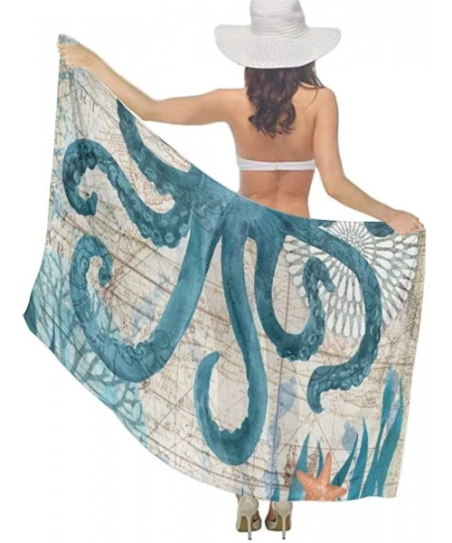 Cover-Ups Women Girl Beach Bikini Cover Up Chiffon Sarong Fashion Scarf Shawl Wrap - Retro Octopus Art - C1190TSSN2C