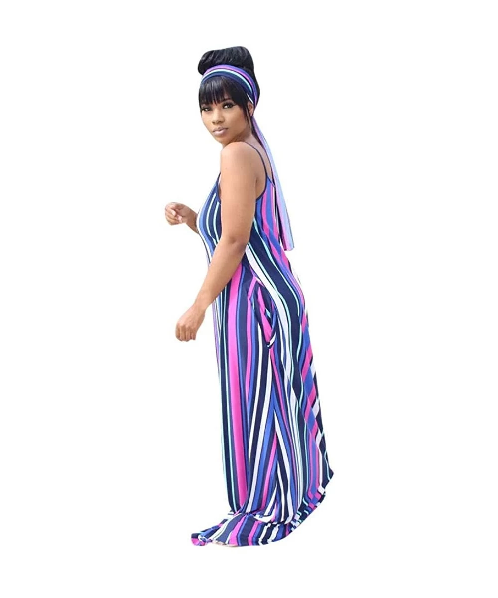 Cover-Ups Women's Summer Casual Loose Dress Striped Beach Cover Up Long Cami Maxi Dresses with Pocket and Belt - Purple - C31...