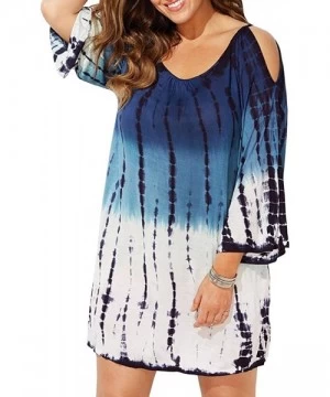 Cover-Ups Womens Plus Size Swimwear Cover Ups Cold Shoulder Tie Dye Baggy Swimsuit Beach Dress T-Shirt - Blue - CA18OQ8LMQE