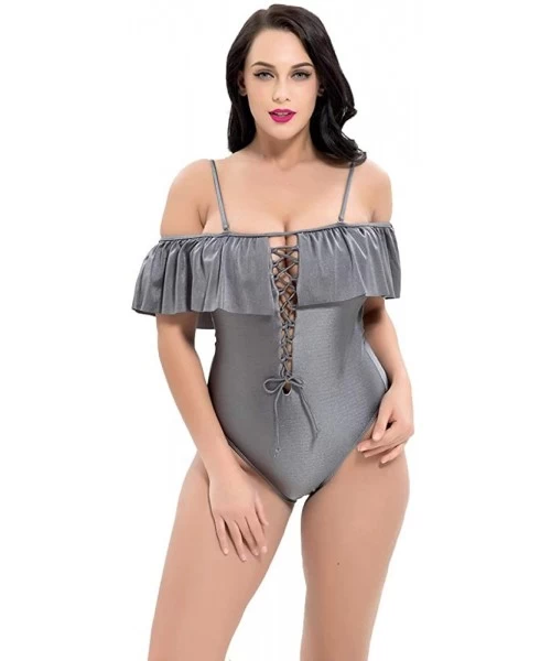 One-Pieces Women's Retro One Piece Swimsuits for Women Tummy Control Swimsuit Pin Up Bathing Suit Plus Size - Grey - CY18NW8X30A