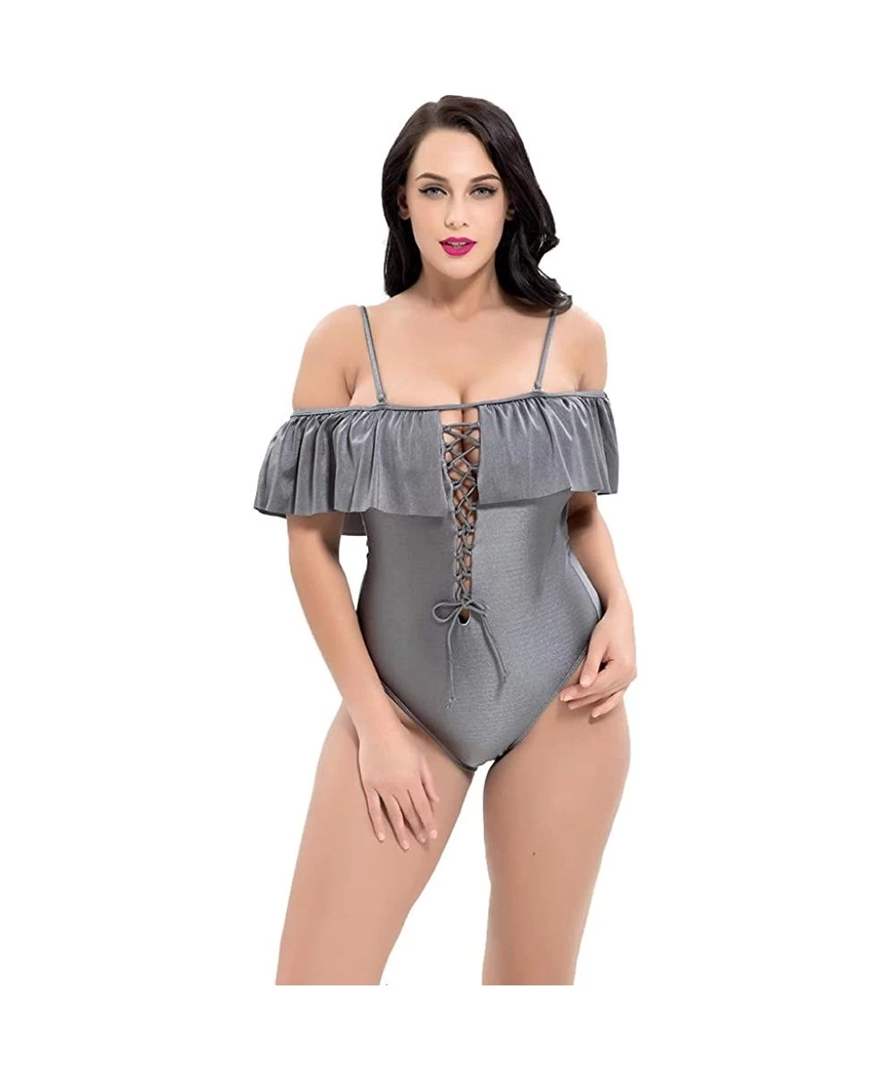 One-Pieces Women's Retro One Piece Swimsuits for Women Tummy Control Swimsuit Pin Up Bathing Suit Plus Size - Grey - CY18NW8X30A