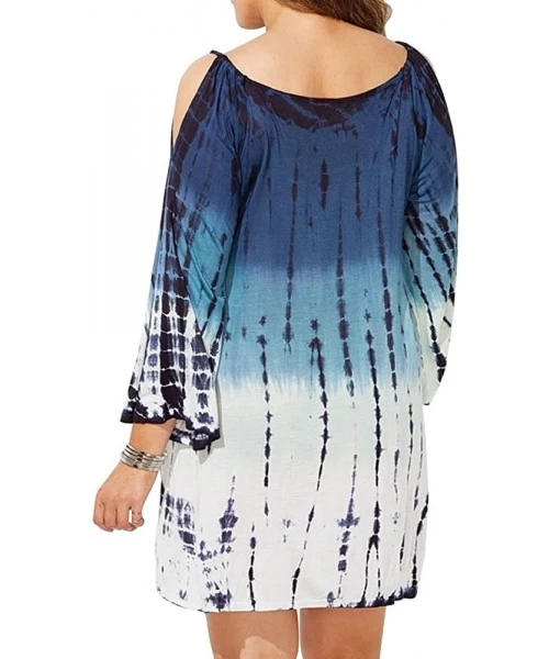 Cover-Ups Womens Plus Size Swimwear Cover Ups Cold Shoulder Tie Dye Baggy Swimsuit Beach Dress T-Shirt - Blue - CA18OQ8LMQE