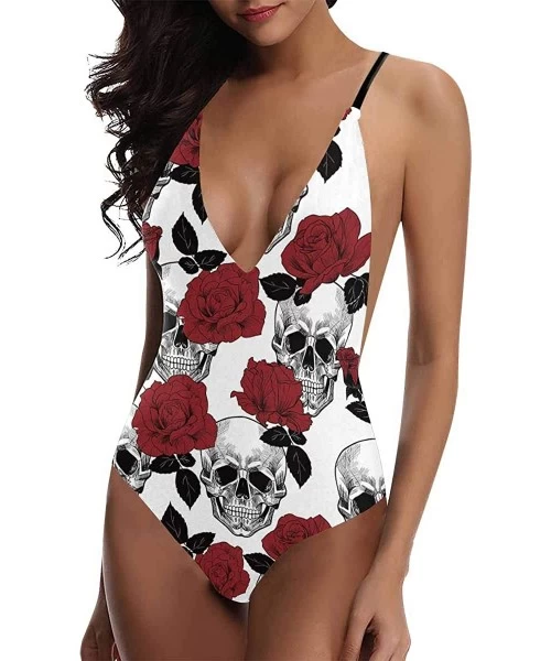 One-Pieces Cool Sugar Skulls V-Neck Women Lacing Backless One-Piece Swimsuit Bathing Suit XS-3XL - Design 6 - CT18S7L2QSS