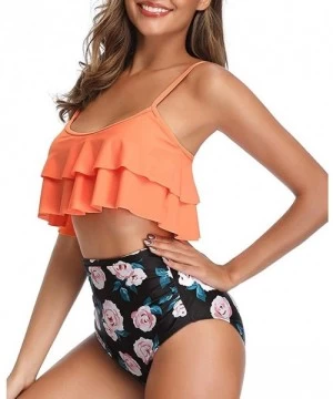 Tankinis Swimsuits for Women Two Piece Bathing Suits Ruffled Flounce Top with High Waisted Bottom Bikini Set - F-pink - CW196...