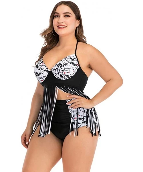 Cover-Ups Women Plus Size One Piece/Two Piece Swimwear Beachwear Fashion Halter Tassel Printed Swimsuit Bathing Suit Black 2 ...