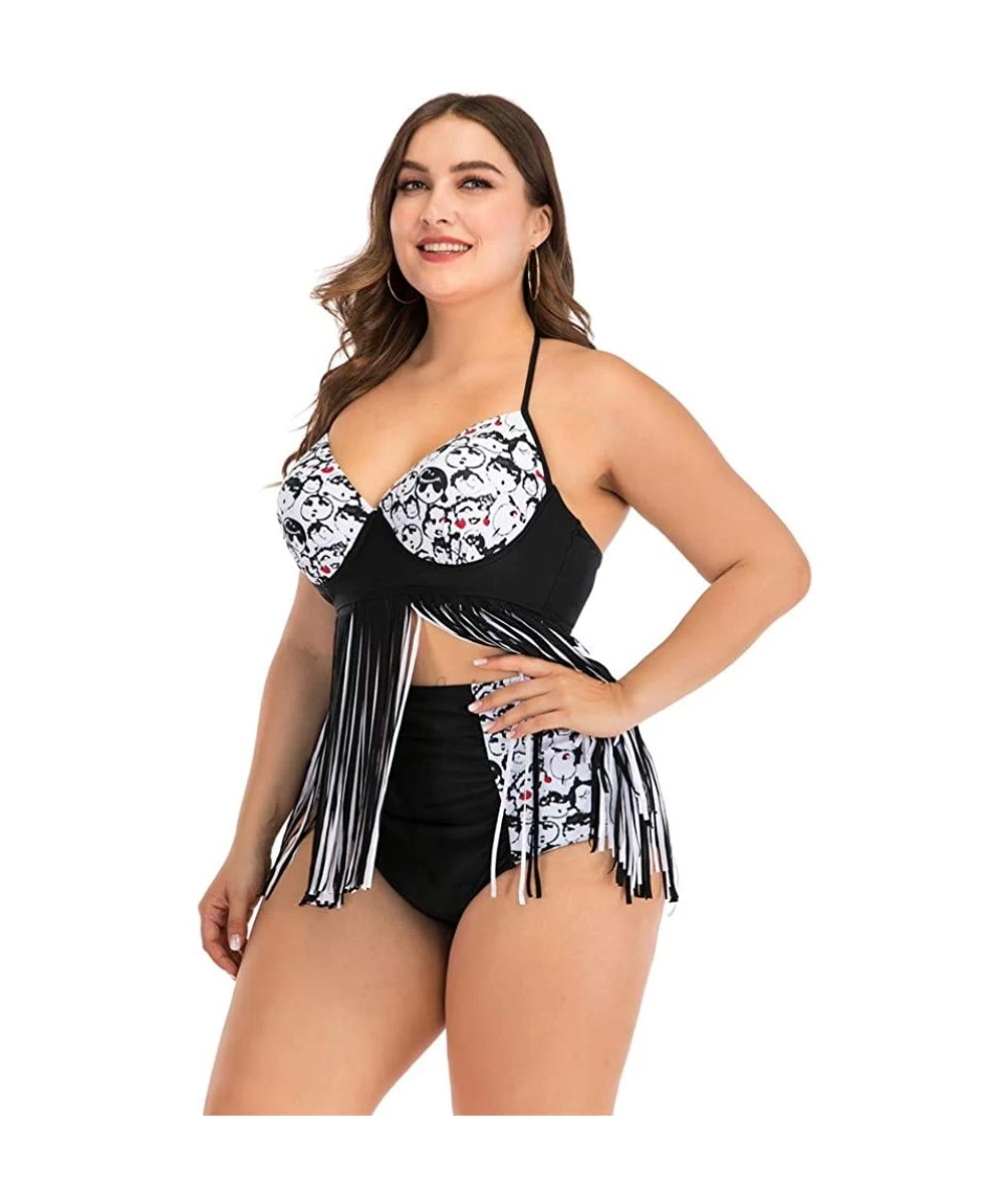 Cover-Ups Women Plus Size One Piece/Two Piece Swimwear Beachwear Fashion Halter Tassel Printed Swimsuit Bathing Suit Black 2 ...