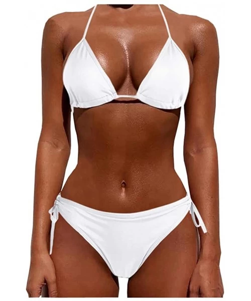 Rash Guards Women Tie Side Bottom Padded Top Triangle Bikini String Beach Bathing Suit Two Piece Swimsuit - White - C1196OYM0AO