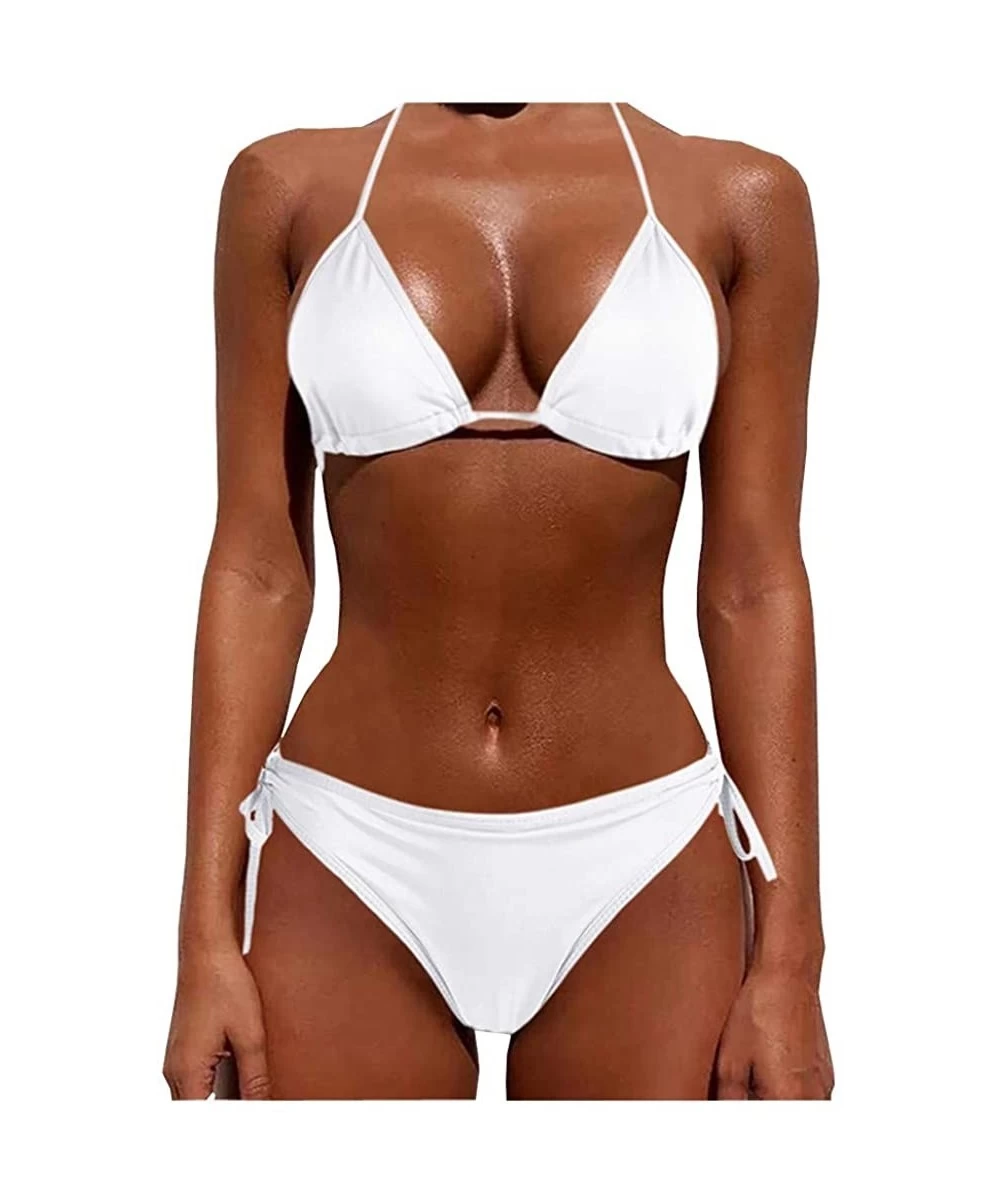 Rash Guards Women Tie Side Bottom Padded Top Triangle Bikini String Beach Bathing Suit Two Piece Swimsuit - White - C1196OYM0AO