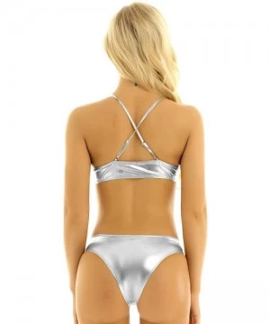 Sets Women's Metallic 2 Piece Triangle Bikini Set Sexy Liquid Thong Monokini Shiny Swimwear - Silver - CR18U34QELZ