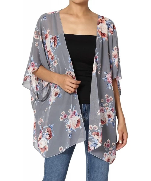 Cover-Ups Print Chiffon Cascading Kimono Dolman Sleeve Cover Up Cardigan - 9e Grey - C318L2NW2C9