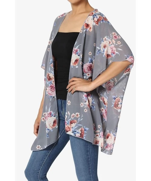 Cover-Ups Print Chiffon Cascading Kimono Dolman Sleeve Cover Up Cardigan - 9e Grey - C318L2NW2C9