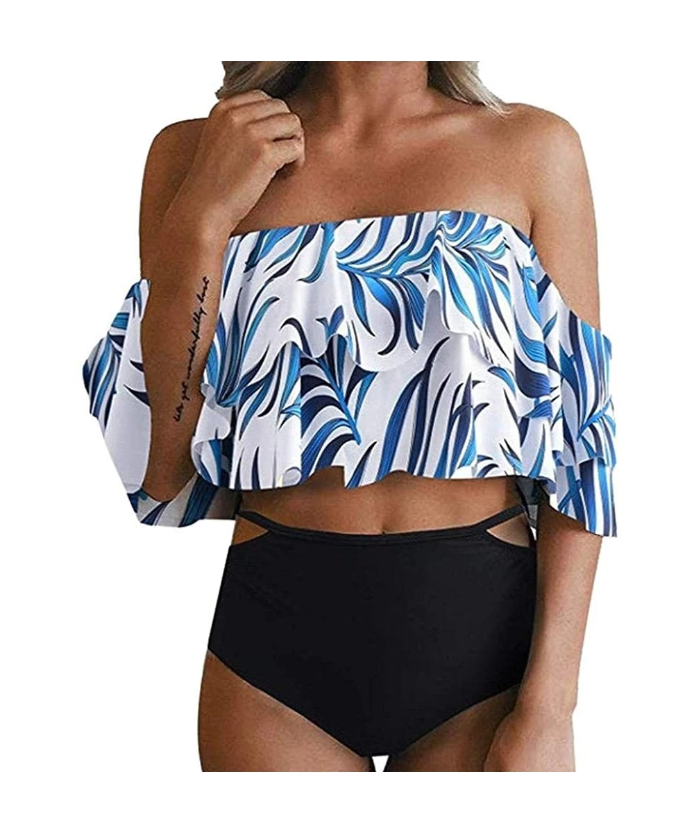 Sets Women Two Piece Off Shoulder Ruffled Flounce Crop Bikini Top with Print Cut Out Bottoms Hight Waist Swimsuit Black - CC1...