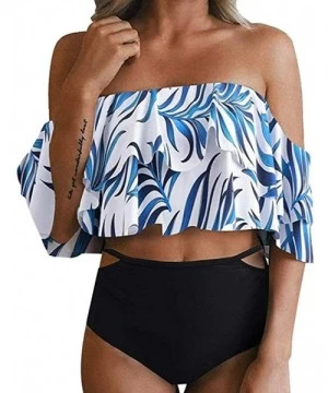 Sets Women Two Piece Off Shoulder Ruffled Flounce Crop Bikini Top with Print Cut Out Bottoms Hight Waist Swimsuit Black - CC1...