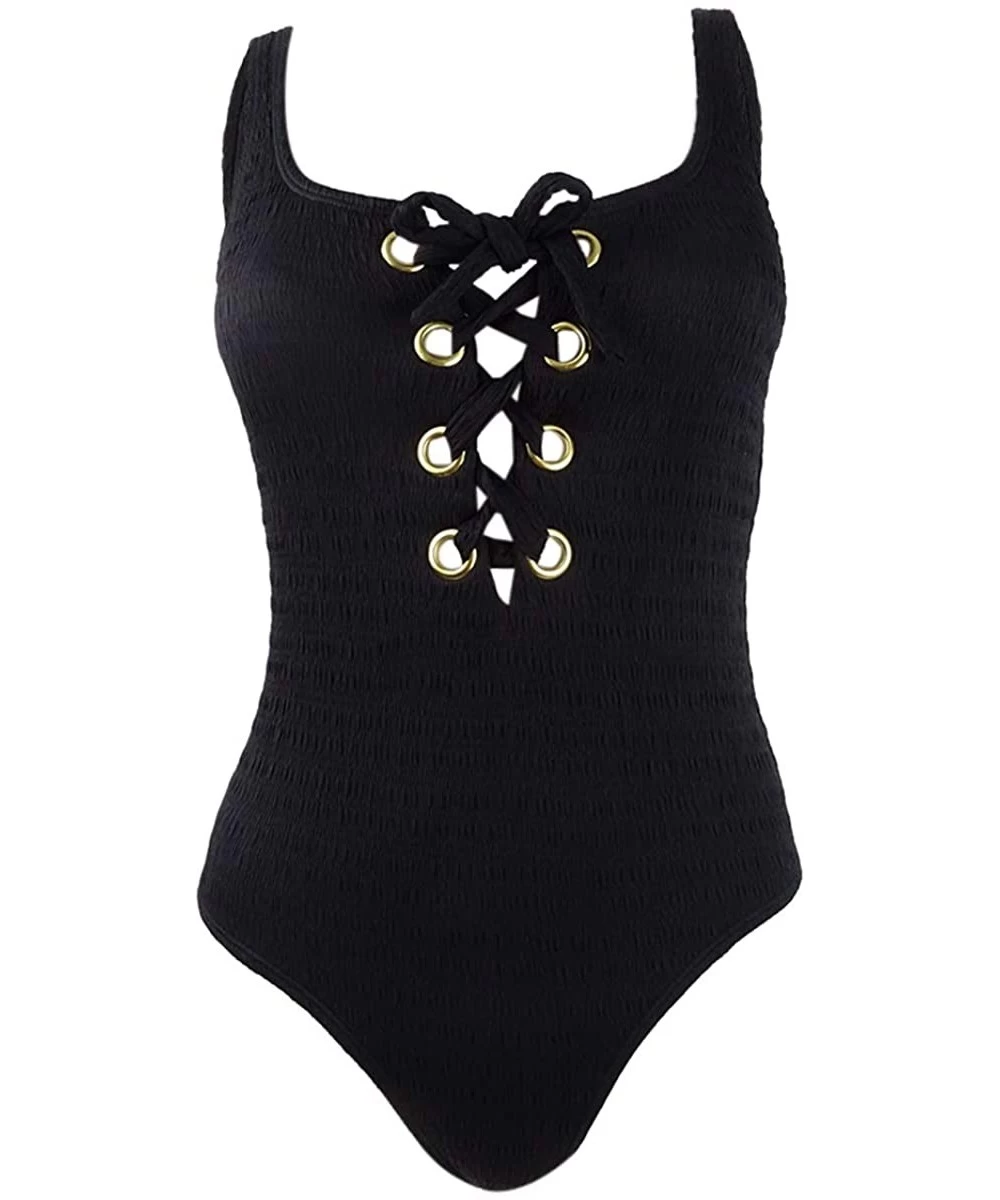 One-Pieces Women's Grommet Textured One-Piece Swimsuit - Black - CH1955I0TK6