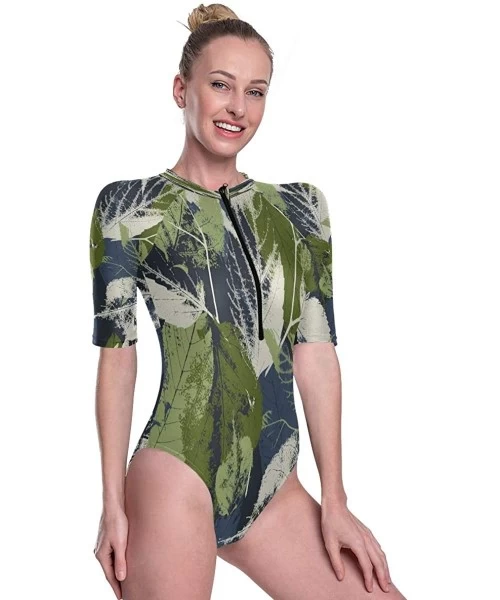 Rash Guards Womens Zip Up Printed Short Sleeve 1 Piece Rash Guard Swimsuit Leaves and Flowers Swimwear - 3d Print - CX19D8UI2I9