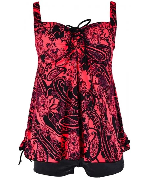 Sets Women's Plus Size Swimwear Floral Tankini Set Drawtring Modest Two Piece Swimsuit - Red Floral - CC12KPKF2EP