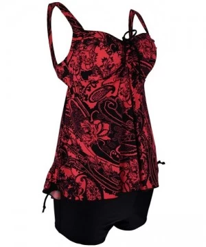 Sets Women's Plus Size Swimwear Floral Tankini Set Drawtring Modest Two Piece Swimsuit - Red Floral - CC12KPKF2EP