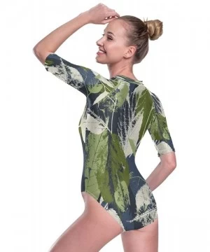 Rash Guards Womens Zip Up Printed Short Sleeve 1 Piece Rash Guard Swimsuit Leaves and Flowers Swimwear - 3d Print - CX19D8UI2I9