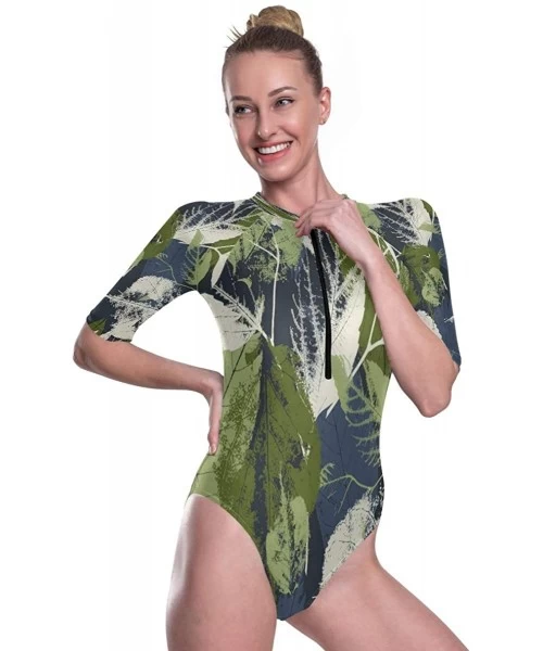 Rash Guards Womens Zip Up Printed Short Sleeve 1 Piece Rash Guard Swimsuit Leaves and Flowers Swimwear - 3d Print - CX19D8UI2I9