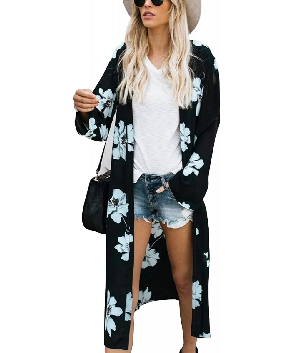 Cover-Ups Women's Swimsuit Cover up Beach Long Kimono Bathing Suit Chiffon Floral Cardigan - 1-black With Flower - C618HKK79O9