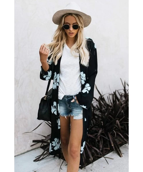 Cover-Ups Women's Swimsuit Cover up Beach Long Kimono Bathing Suit Chiffon Floral Cardigan - 1-black With Flower - C618HKK79O9