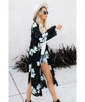 Cover-Ups Women's Swimsuit Cover up Beach Long Kimono Bathing Suit Chiffon Floral Cardigan - 1-black With Flower - C618HKK79O9