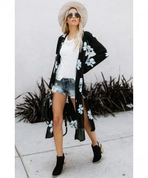 Cover-Ups Women's Swimsuit Cover up Beach Long Kimono Bathing Suit Chiffon Floral Cardigan - 1-black With Flower - C618HKK79O9