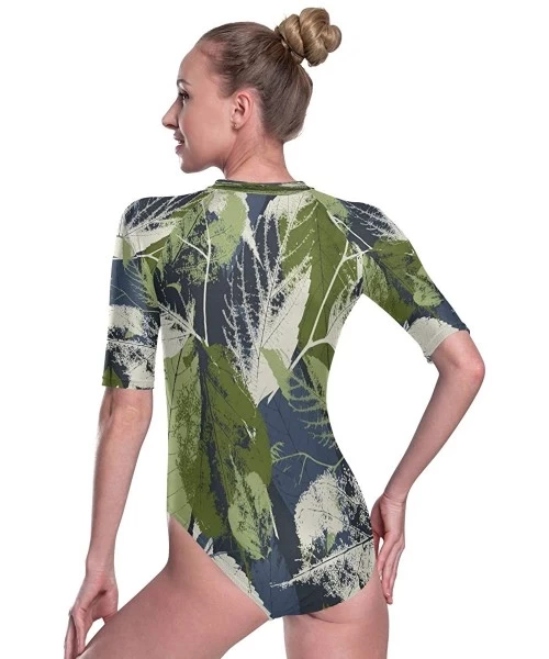 Rash Guards Womens Zip Up Printed Short Sleeve 1 Piece Rash Guard Swimsuit Leaves and Flowers Swimwear - 3d Print - CX19D8UI2I9