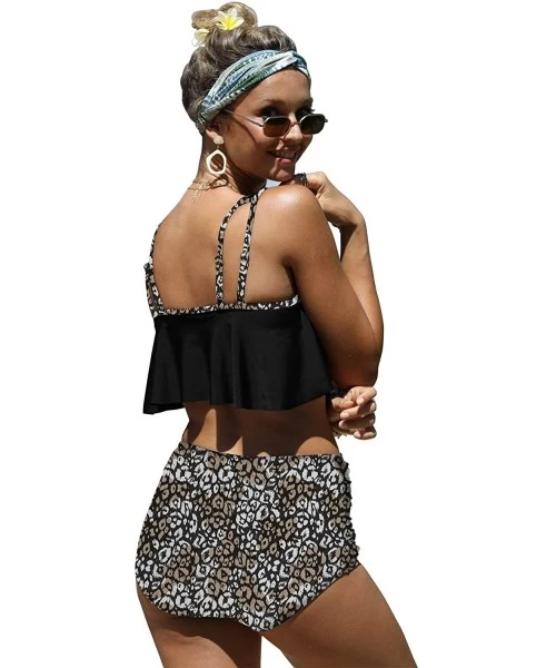 Sets Womens High Waisted Swimsuit Ruffled Top Tummy Control Bathing Suits - C-leopard1 - CS1962OAX44