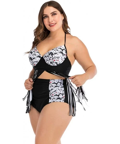 Cover-Ups Women Plus Size One Piece/Two Piece Swimwear Beachwear Fashion Halter Tassel Printed Swimsuit Bathing Suit Black 2 ...