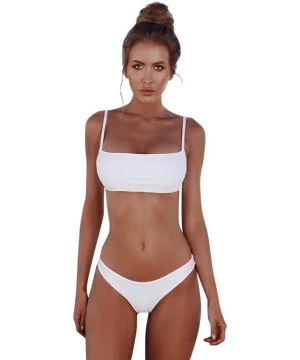 Sets Womens Sexy Stap Bikini Sets Scoop Neck Swimsuits Solid Color Swimwear Two Piece Beach Bathing Suits - White - CQ196GRYC3D