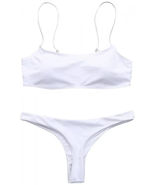 Sets Womens Sexy Stap Bikini Sets Scoop Neck Swimsuits Solid Color Swimwear Two Piece Beach Bathing Suits - White - CQ196GRYC3D