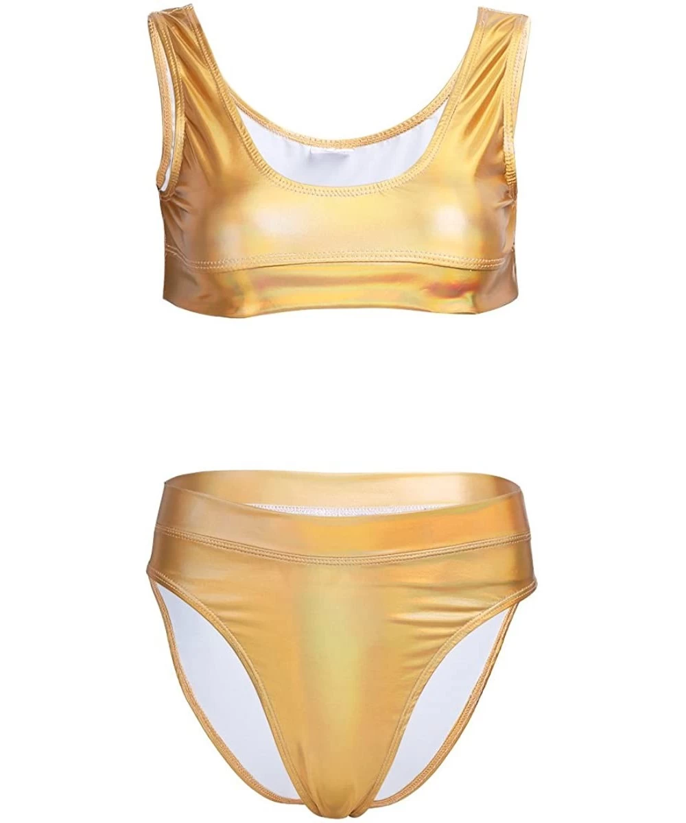 Sets Women's Shiny Metallic Round Neck Bikini Set High Waist Thong 2 Pcs Swimsuit - Gold - CO18028E35Y