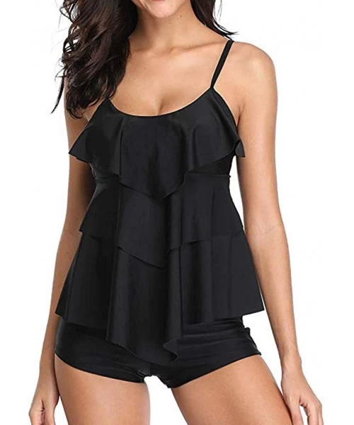 Sets Women 2 Piece Layered Flounce Printed Tank Top with Boyshorts Tankini Set Bathing Suits Swimsuit - Black - C4196N3TQTR